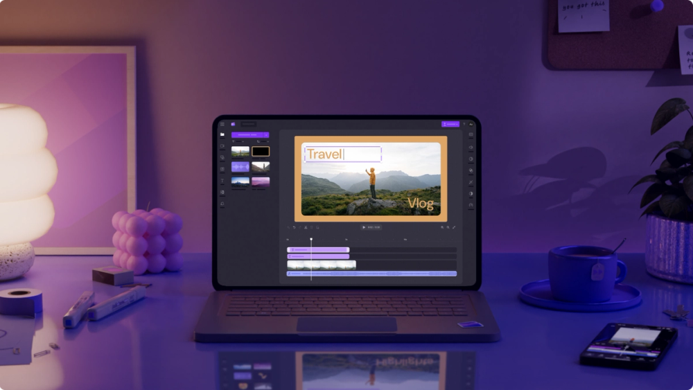 Microsoft Clipchamp video editor UI on a laptop — beginner timeline with preview and media library Microsoft Clipchamp video editor UI on a laptop — beginner timeline with preview and media library