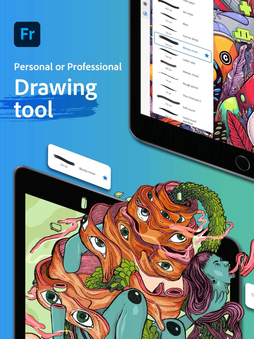 Adobe Fresco live brushes drawing tool UI on iPad Adobe Fresco live brushes drawing tool UI on iPad