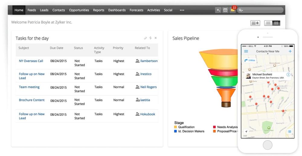 Zoho CRM desktop and mobile product UI used with Zoho One business suite Zoho CRM desktop and mobile product UI used with Zoho One business suite