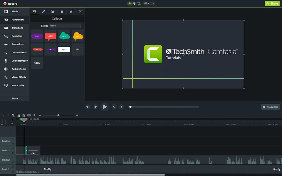 Camtasia video editor Annotations panel and multitrack timeline for screen tutorials
