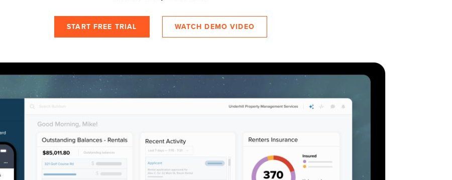 Buildium property management dashboard with outstanding balances and recent activity