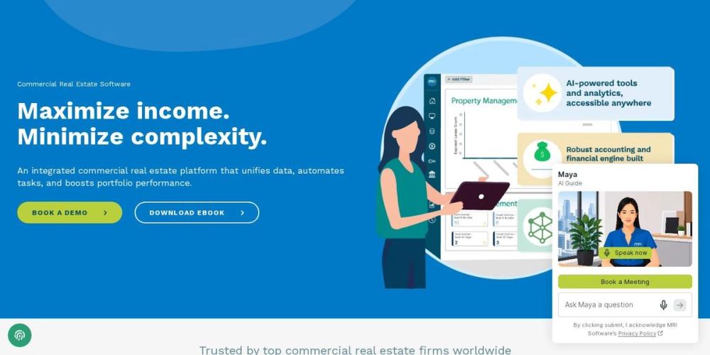 MRI Software commercial real estate platform page with AI tools and analytics