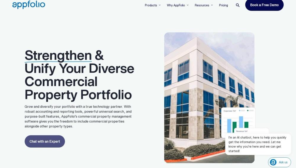 AppFolio commercial property management software page for diverse commercial portfolios