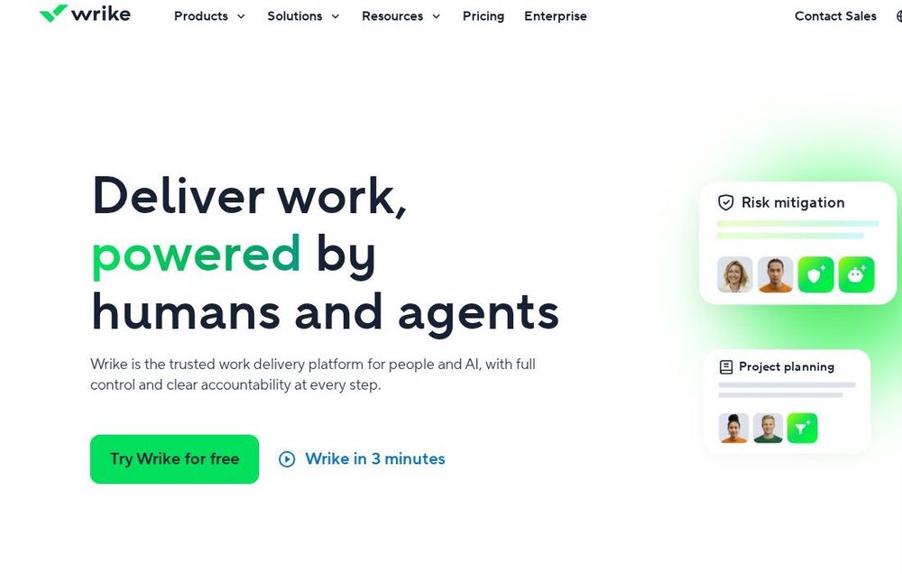 Wrike work delivery platform page with risk mitigation and project planning cards