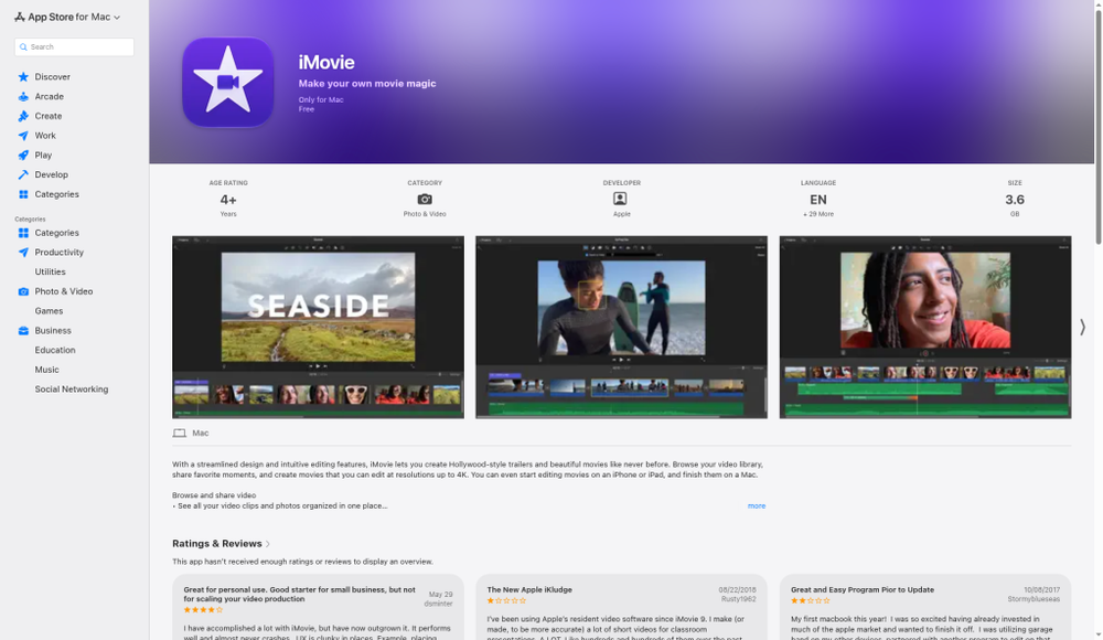 iMovie on the Mac App Store with product UI previews — free beginner editor for Apple