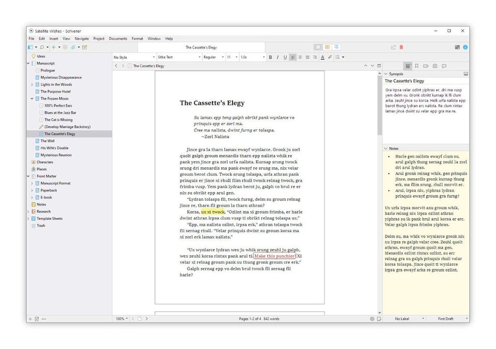 Scrivener binder and page view writing software UI
