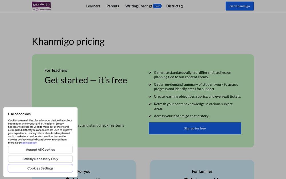 Khanmigo pricing page for Socratic school tutoring