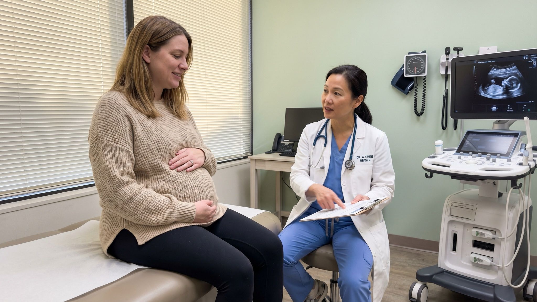 A calm prenatal checkup scene in a warm, modern clinic exam room.