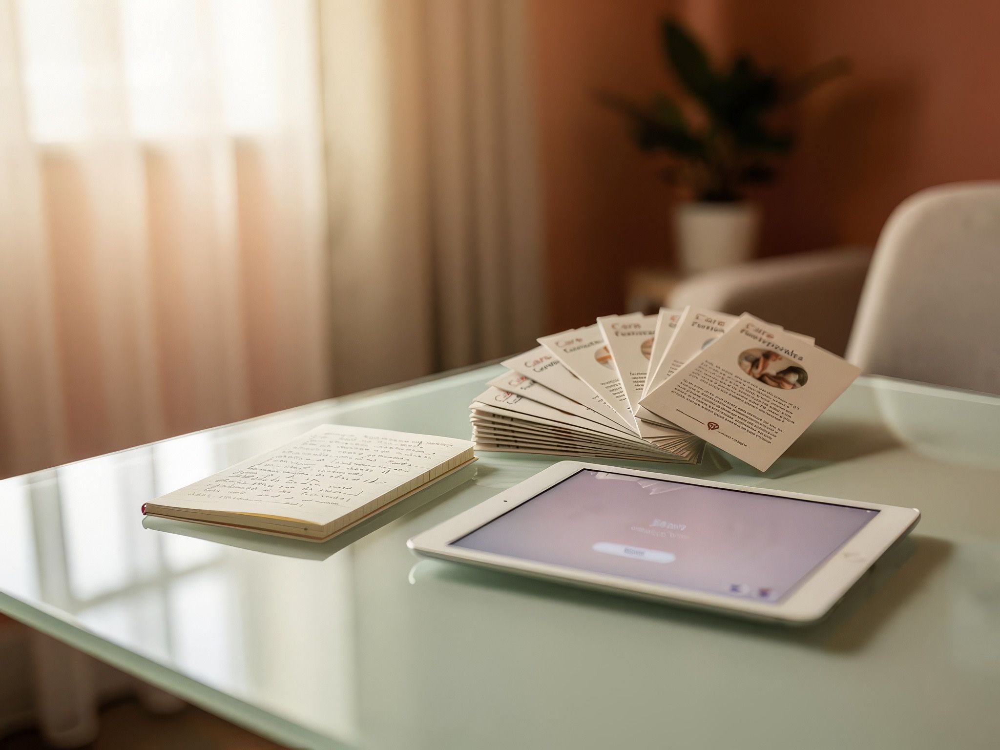 A bright clinic resource area with brochures and a tablet in warm daylight.