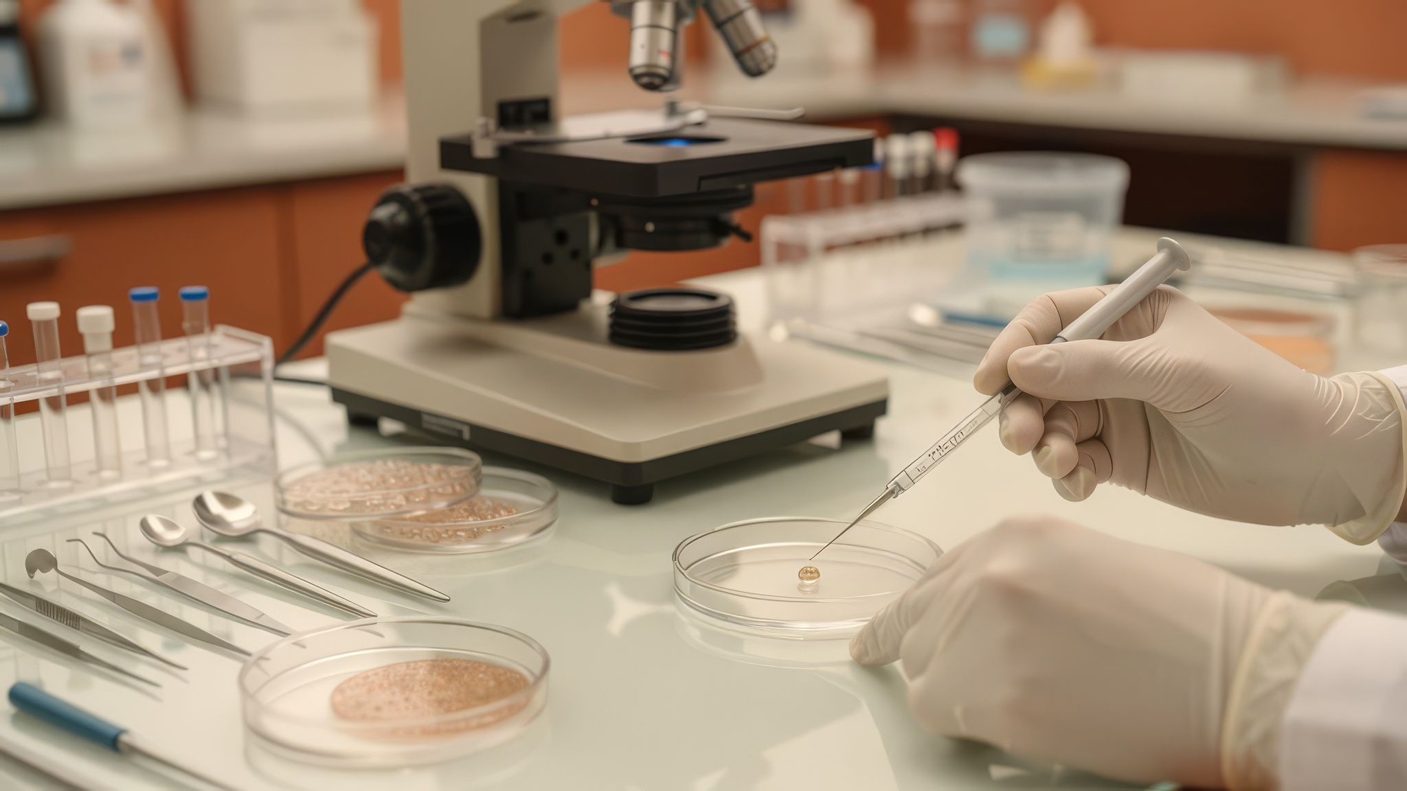 Embryology lab equipment with gloved hands in a calm, trustworthy setting.