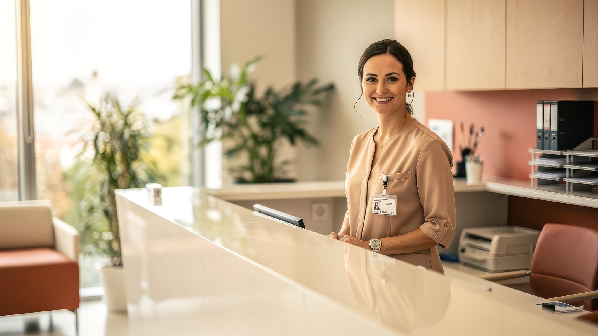 A welcoming patient coordinator in a modern clinic reception area.