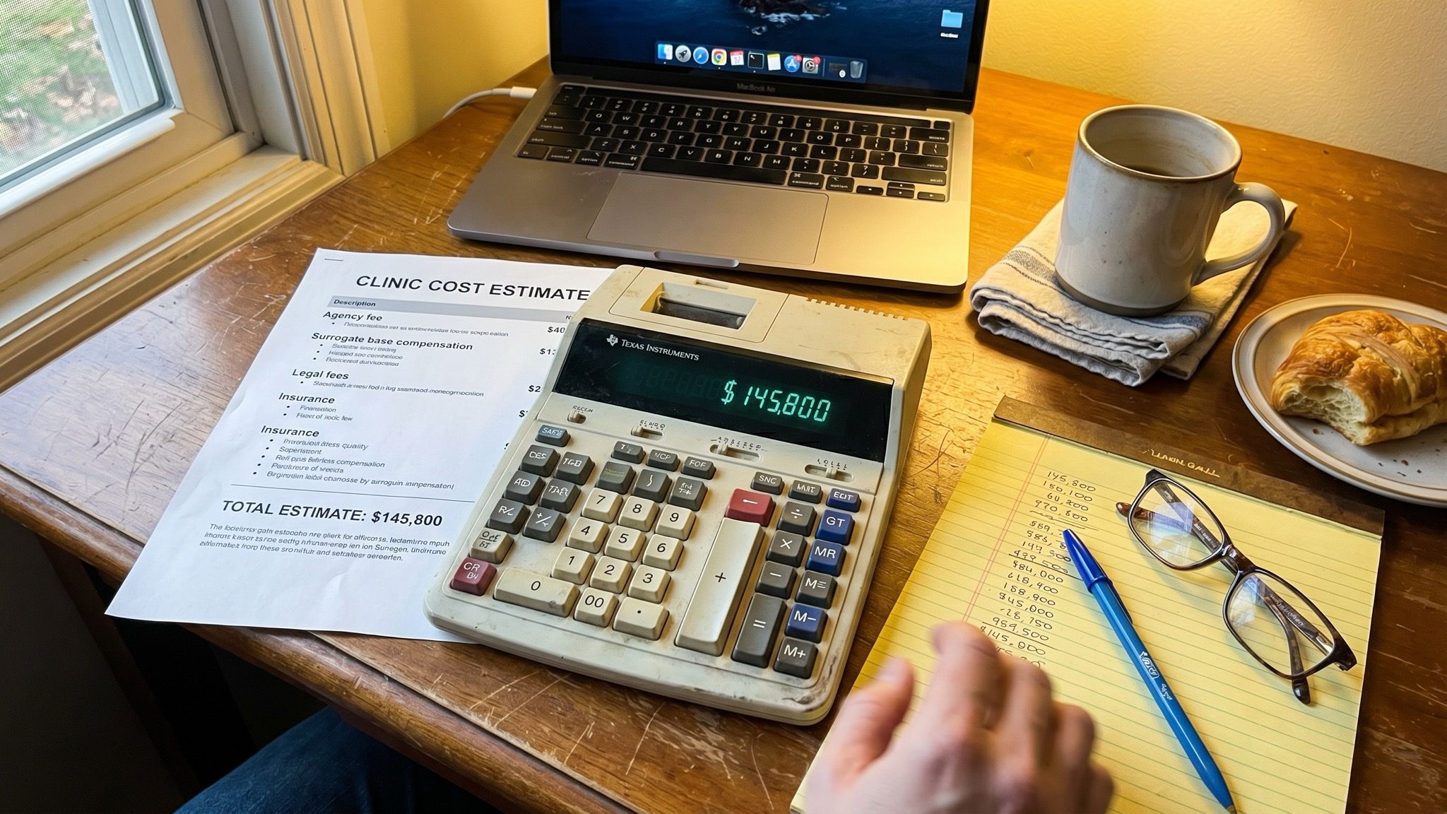 A calculator and printed cost estimate on a warm wooden desk with soft daylight.