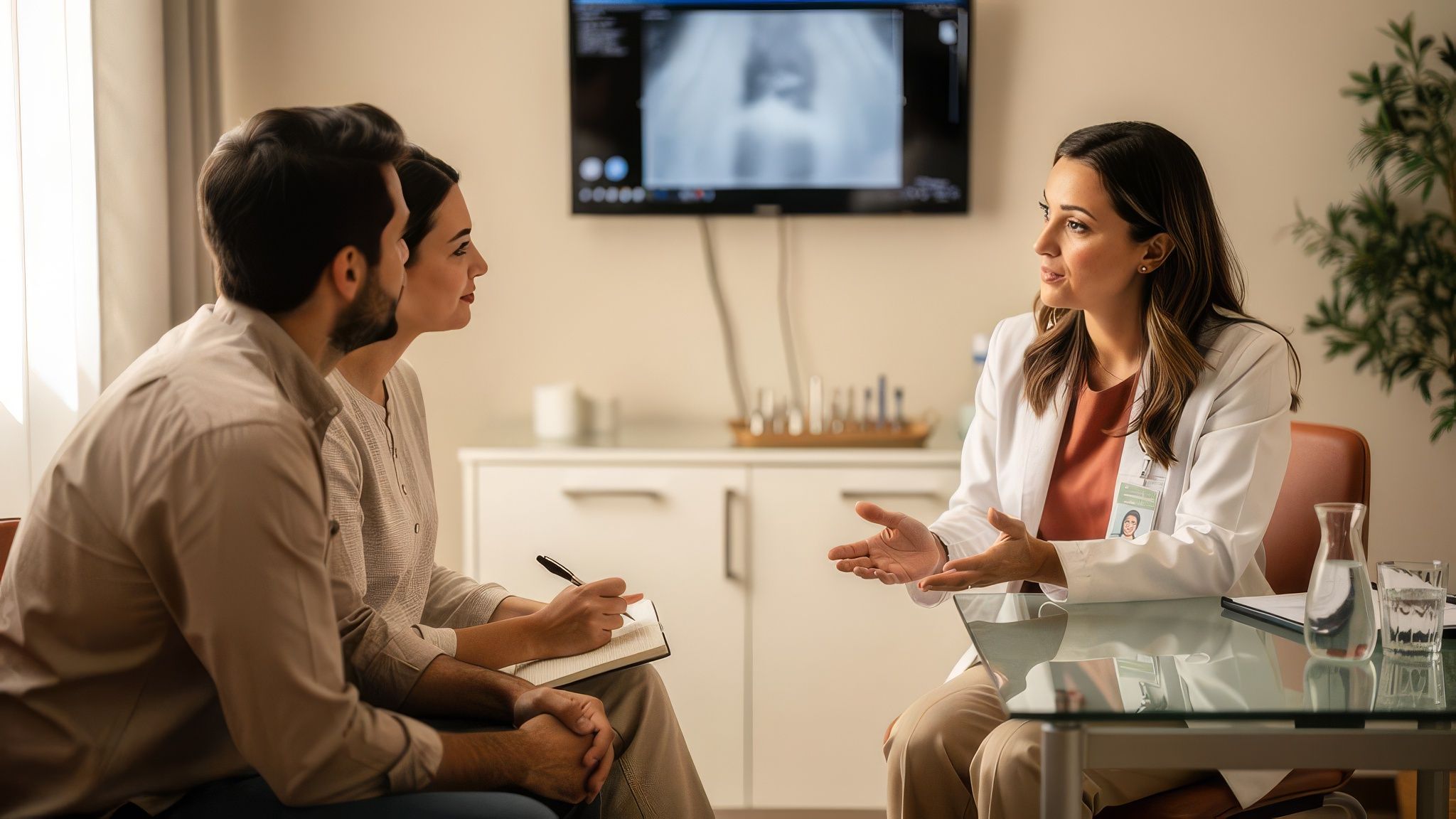 A clinician explaining a surrogacy medical plan in a calm clinic consultation room.