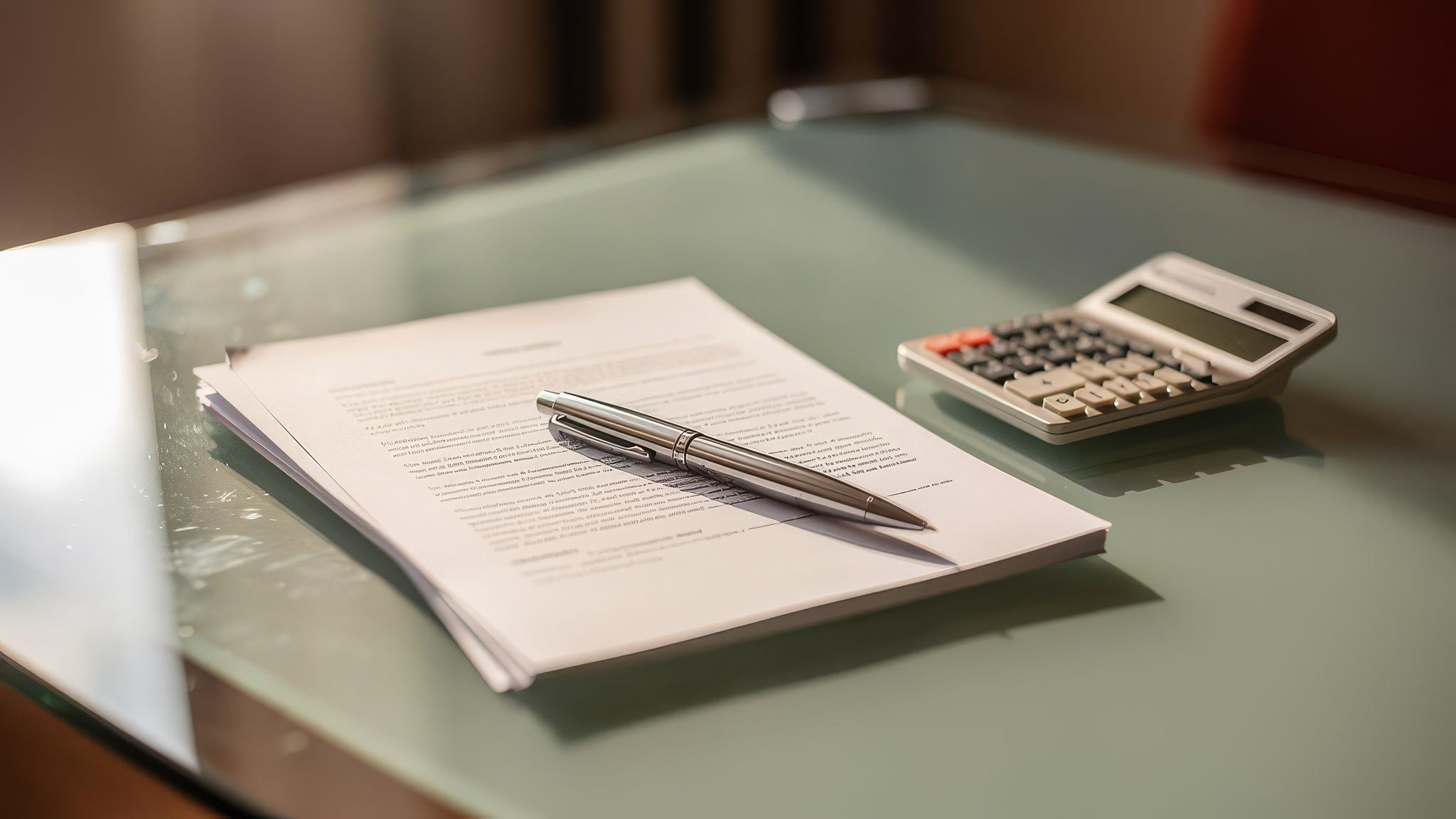 Compensation agreement documents and a calculator on a glass table in warm daylight.