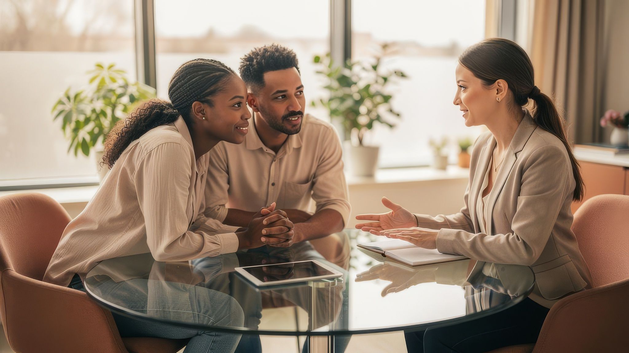 A care coordinator meeting intended parents in a calm clinic consultation.
