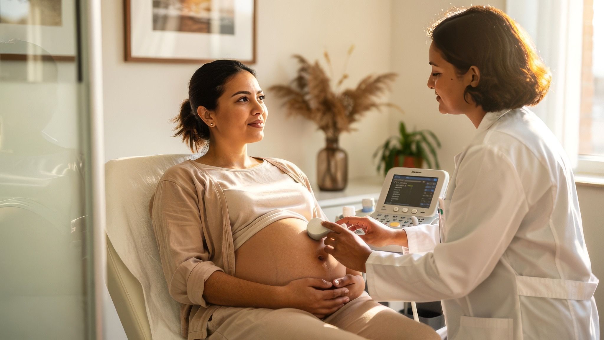 A calm prenatal checkup scene in a warm, modern clinic.