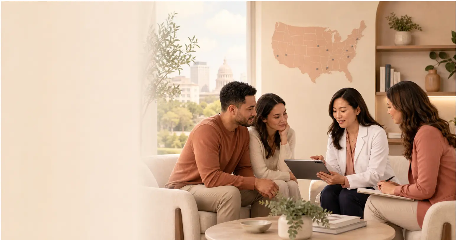 An intended-parent couple meets with a fertility specialist and coordinator to review IVF clinic options on a tablet.