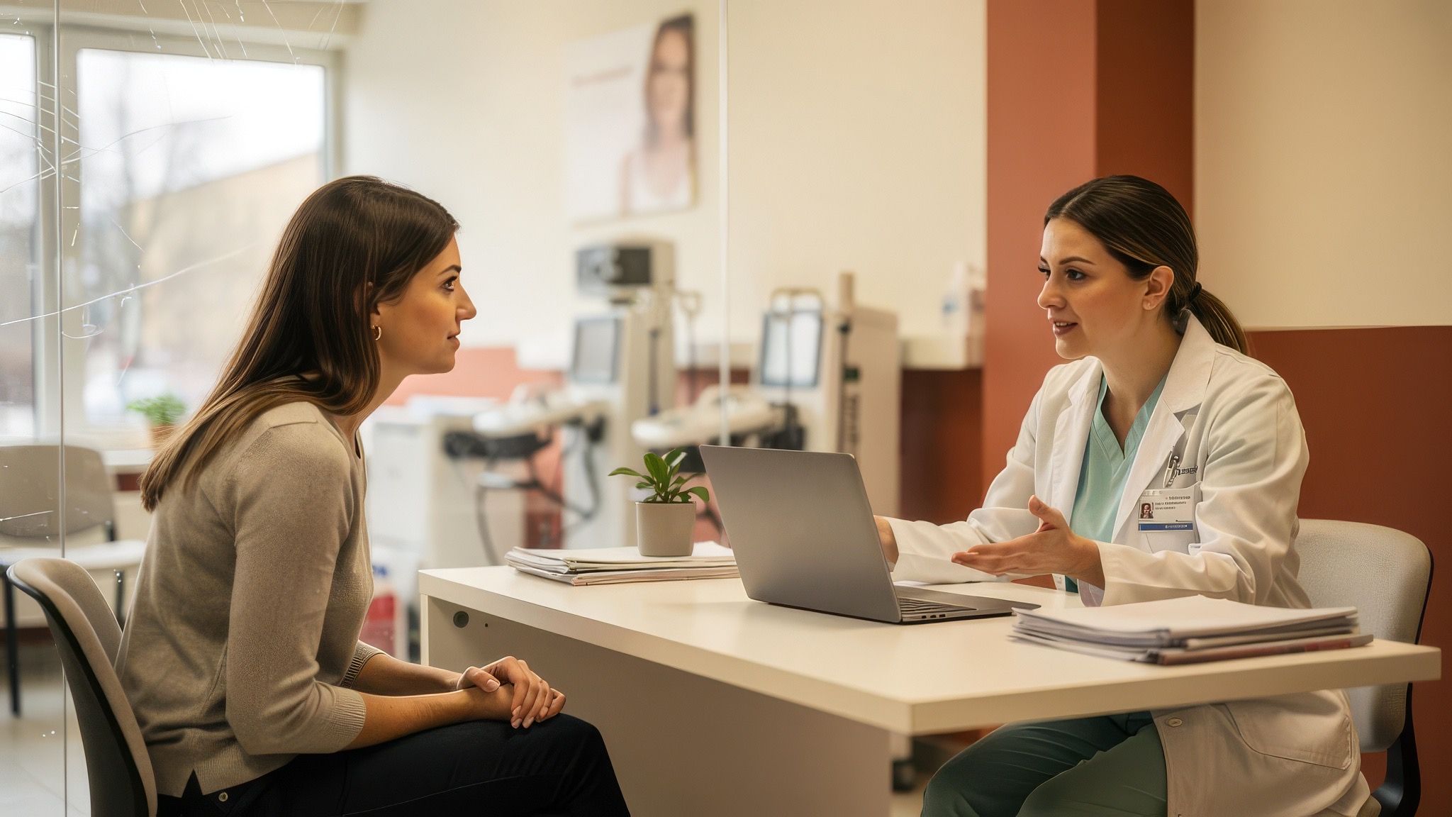 An egg donor consultation in a bright, warm clinic setting.