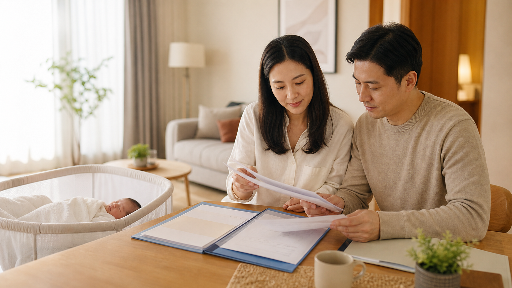 Taiwanese intended parents preparing documents beside their newborn before returning home