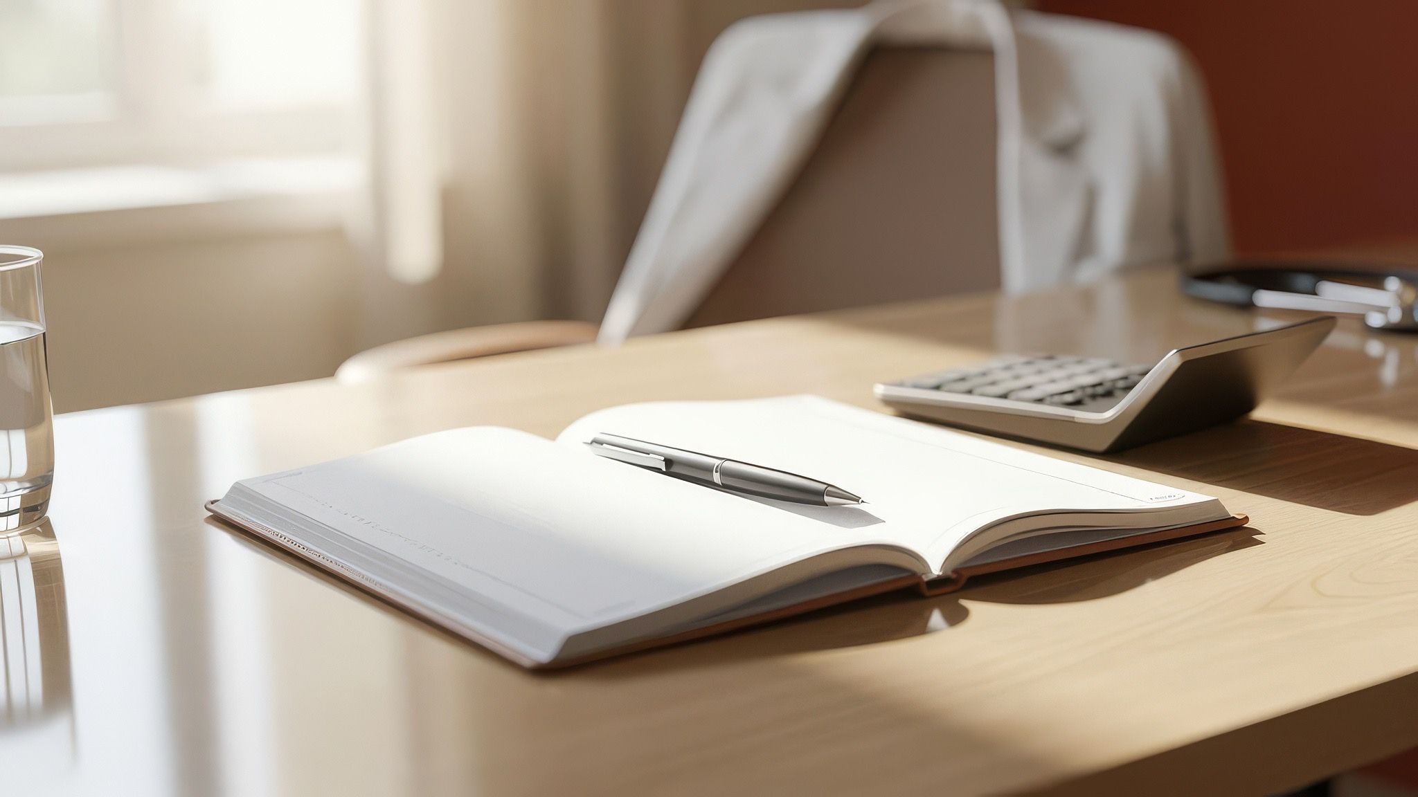 A calculator and planner on a warm desk with soft daylight.