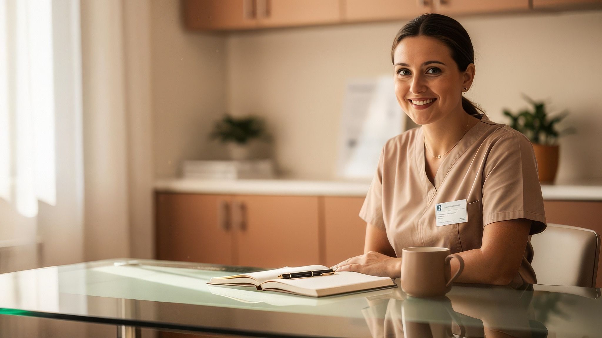 A care team member answering questions in a warm clinic setting.