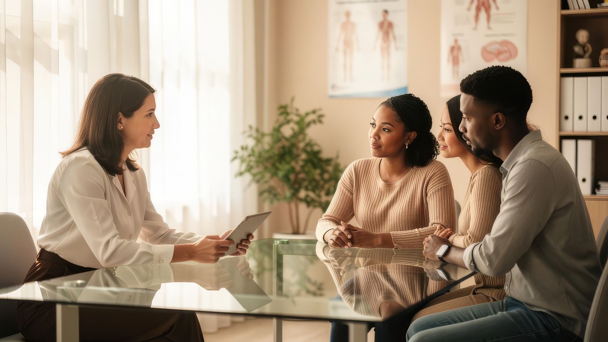 护理协调员在诊所咨询中为代母与准父母提供指导。