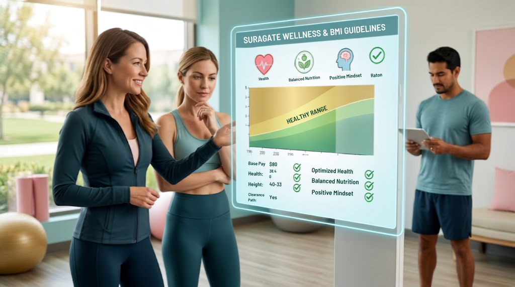 Body-positive woman standing beside a scale among colorful symbols representing health and wellness screening