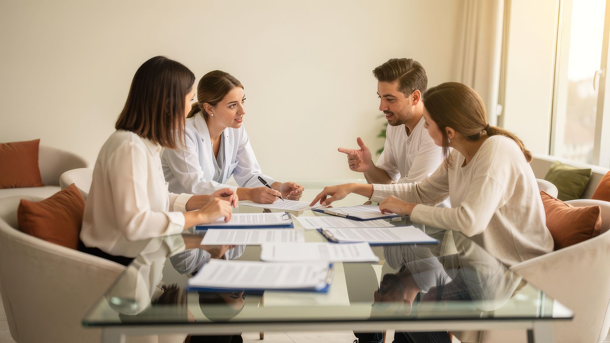 An insurance and care coordinator reviewing coverage paperwork in a warm clinic office.