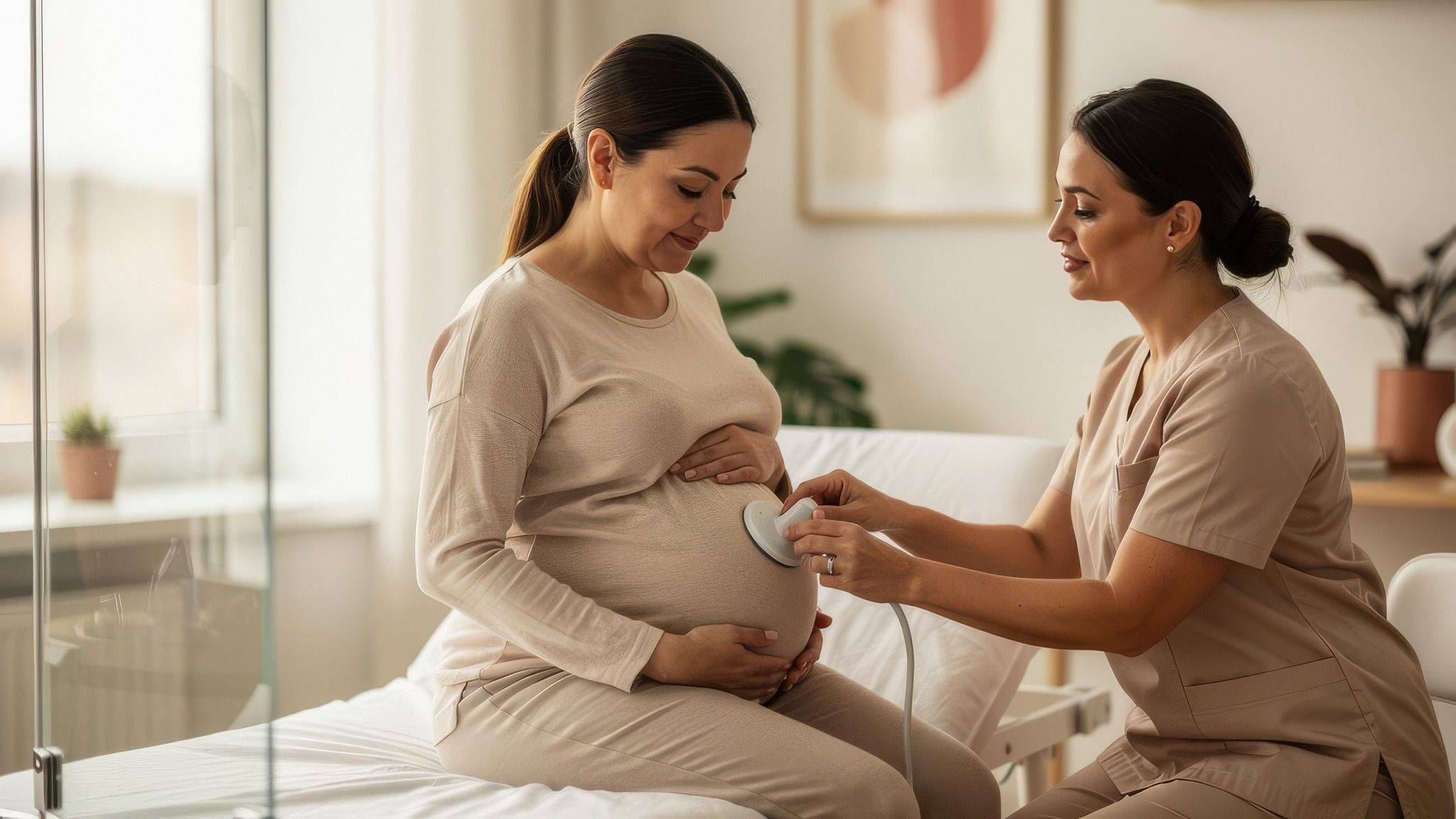 A calm prenatal checkup scene in a warm, modern clinic.