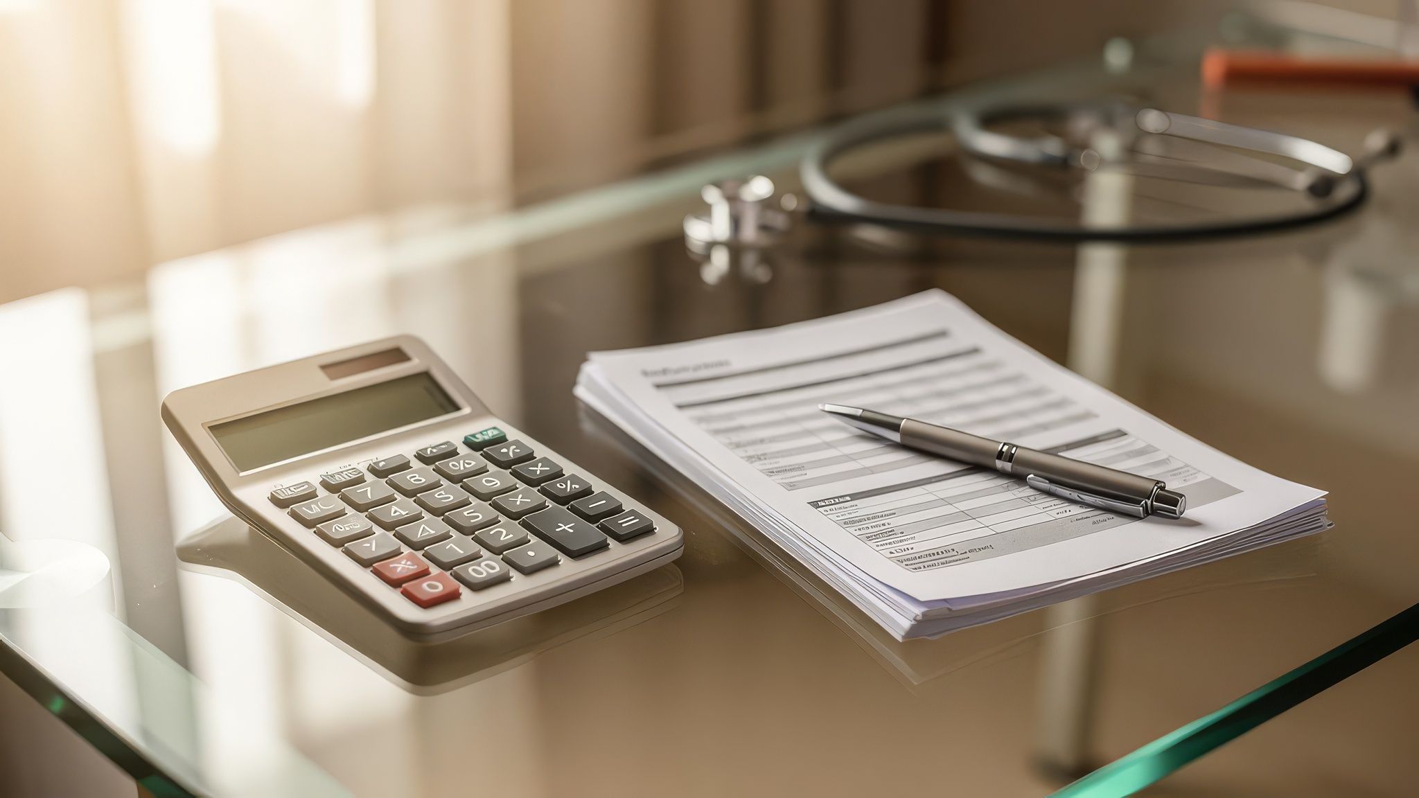 Financial planning documents and a calculator in a warm clinic setting.