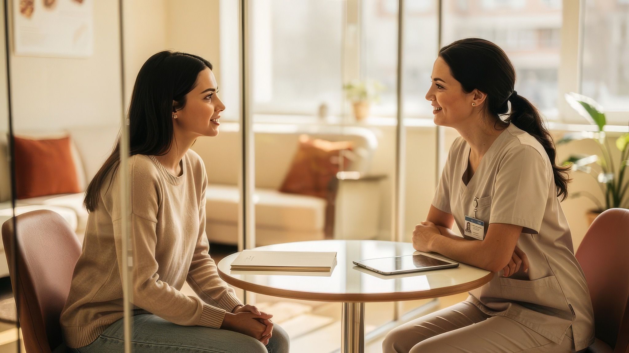 An egg donor consultation in a bright, warm clinic setting.