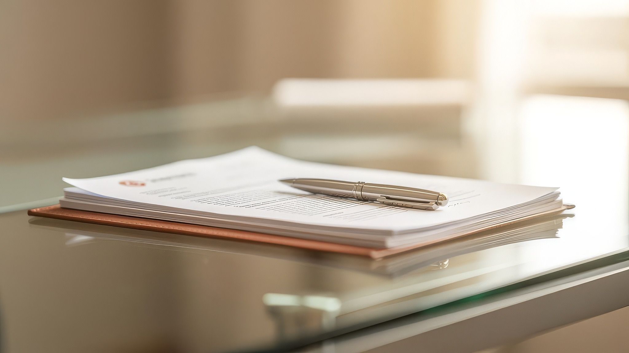 Official documents and a pen on a glass desk under soft daylight.