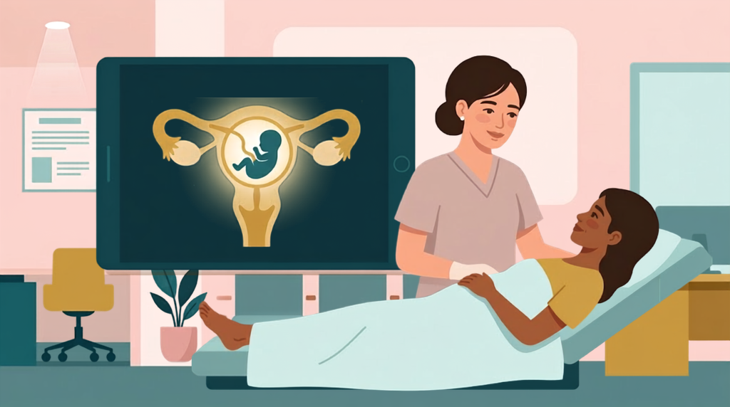 Conceptual embryo-transfer scene with a developing embryo, ultrasound image, catheter, and supportive hands