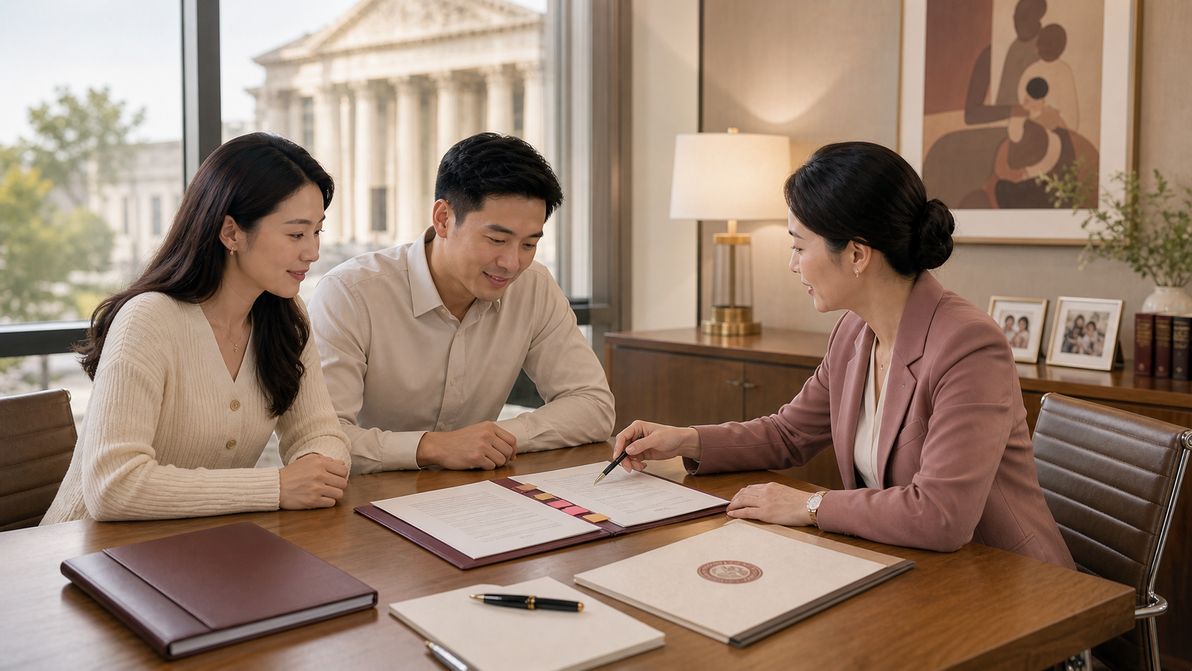 中国准父母与生殖法律师审阅美国代孕合同和亲权文件。