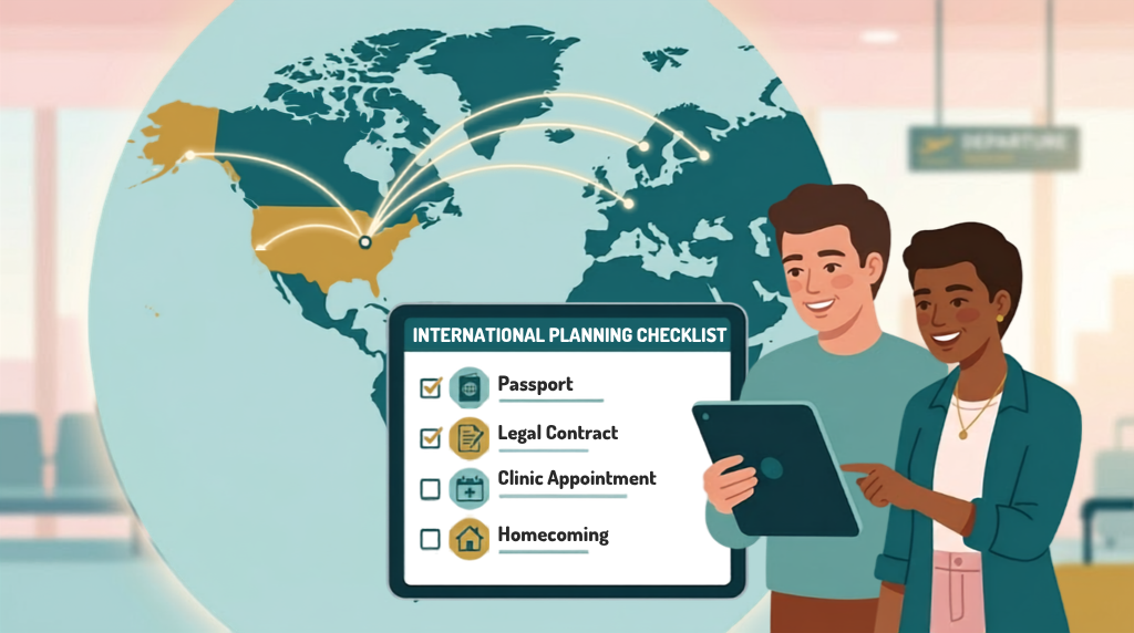 International intended parents following a travel path toward the United States, with medical, legal, and planning materials.