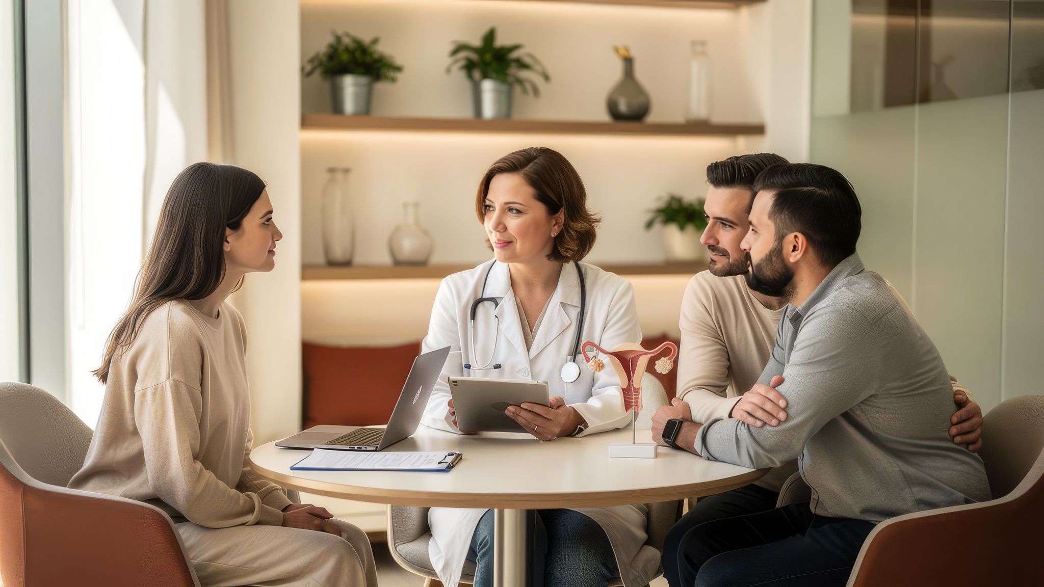 An egg donation consultation in a warm, modern fertility clinic.