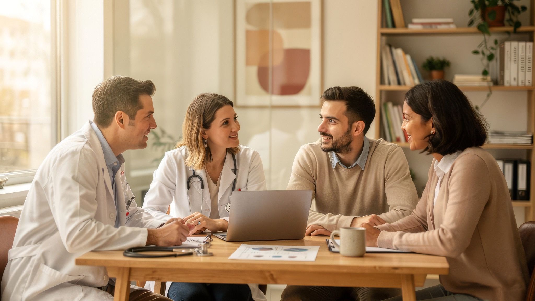 A small team meeting in a warm office setting.