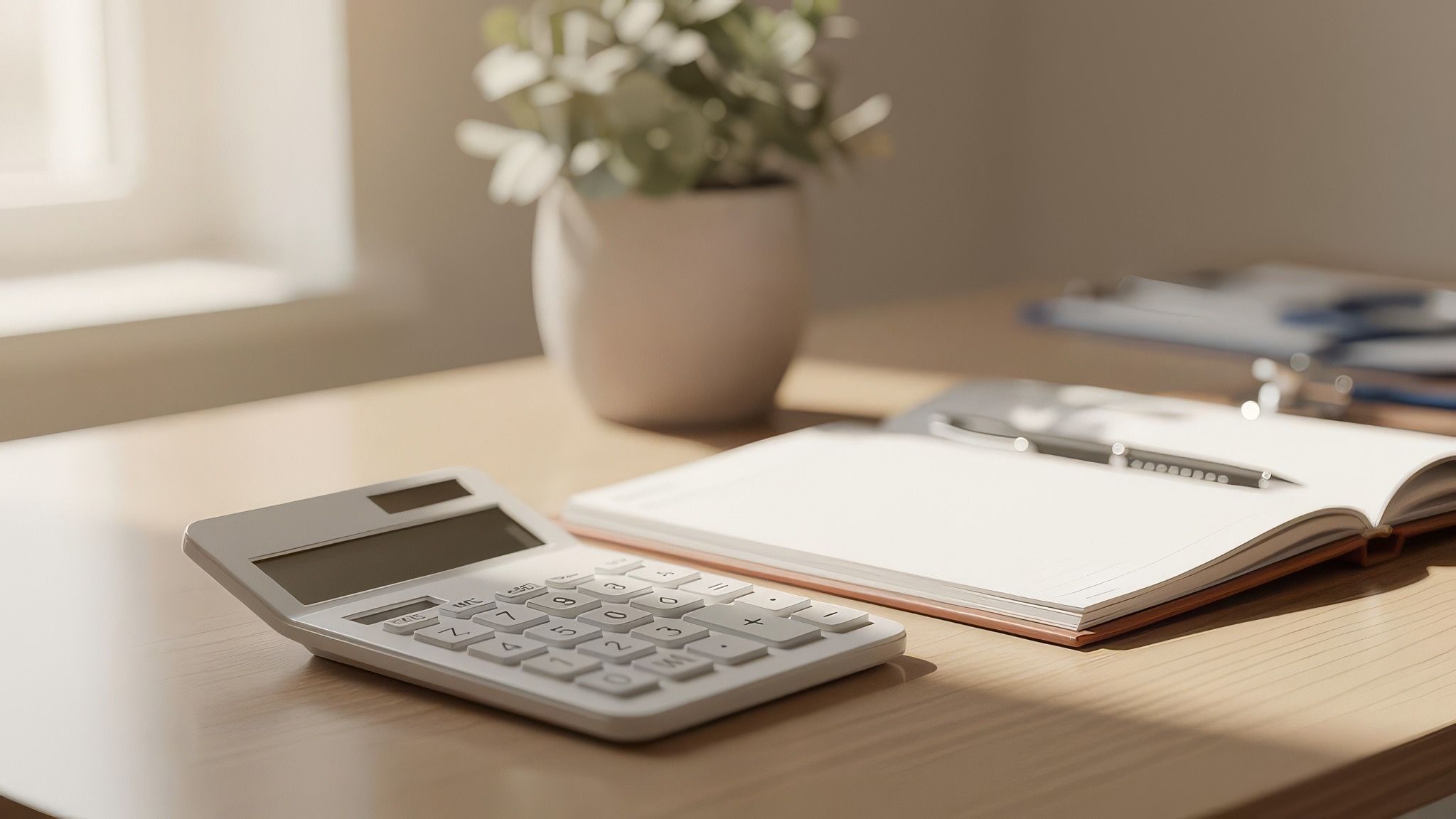 A calculator and planner on a warm desk with soft daylight.