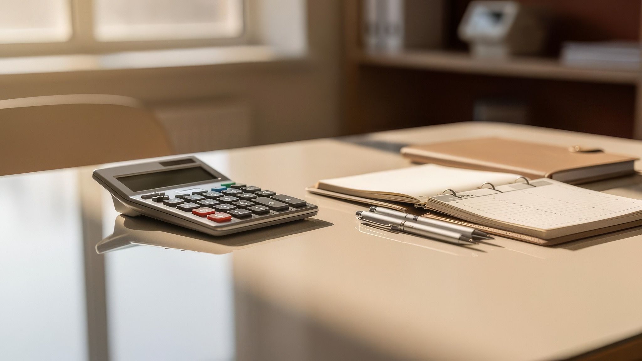 A calculator and planner on a warm desk with soft daylight.
