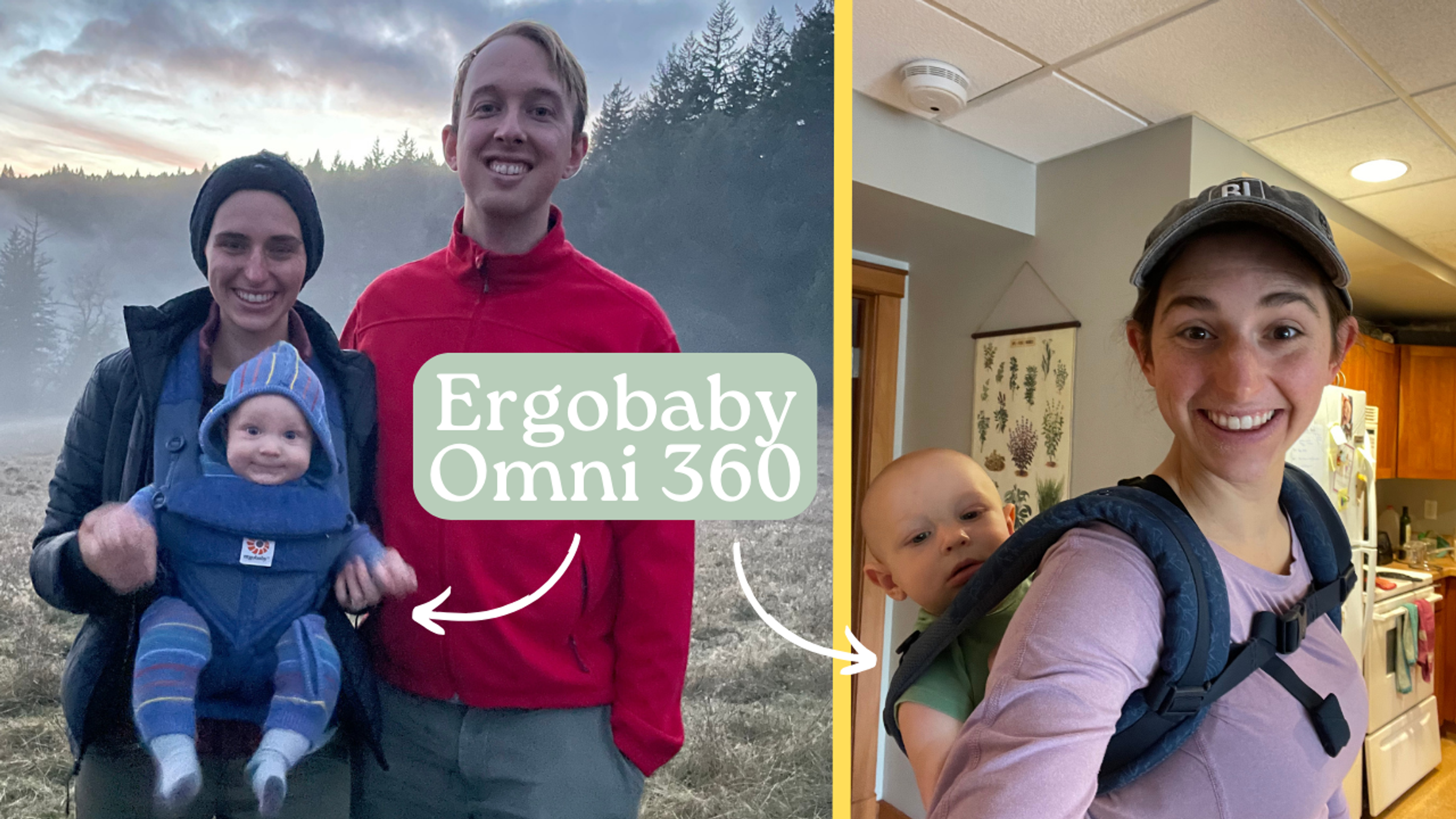 A family stands outside with their baby in a baby carrier.