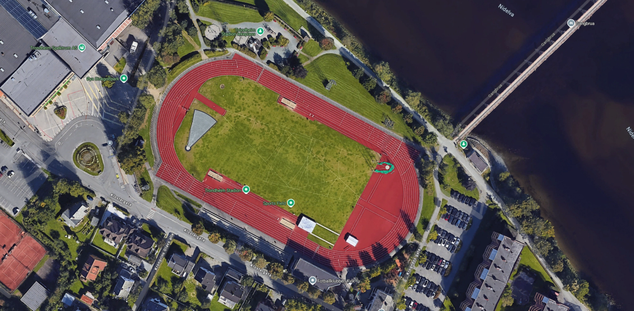 Screengrab from Google Maps - Øya Stadium, parts of the river and the Finalebanen bridge