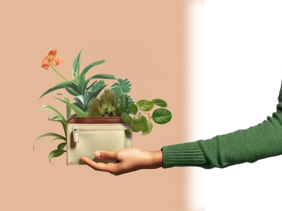 A hand holding a wallet, with sprouting plants coming out of it.