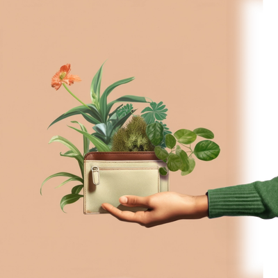A hand holding a wallet, with sprouting plants coming out of it.