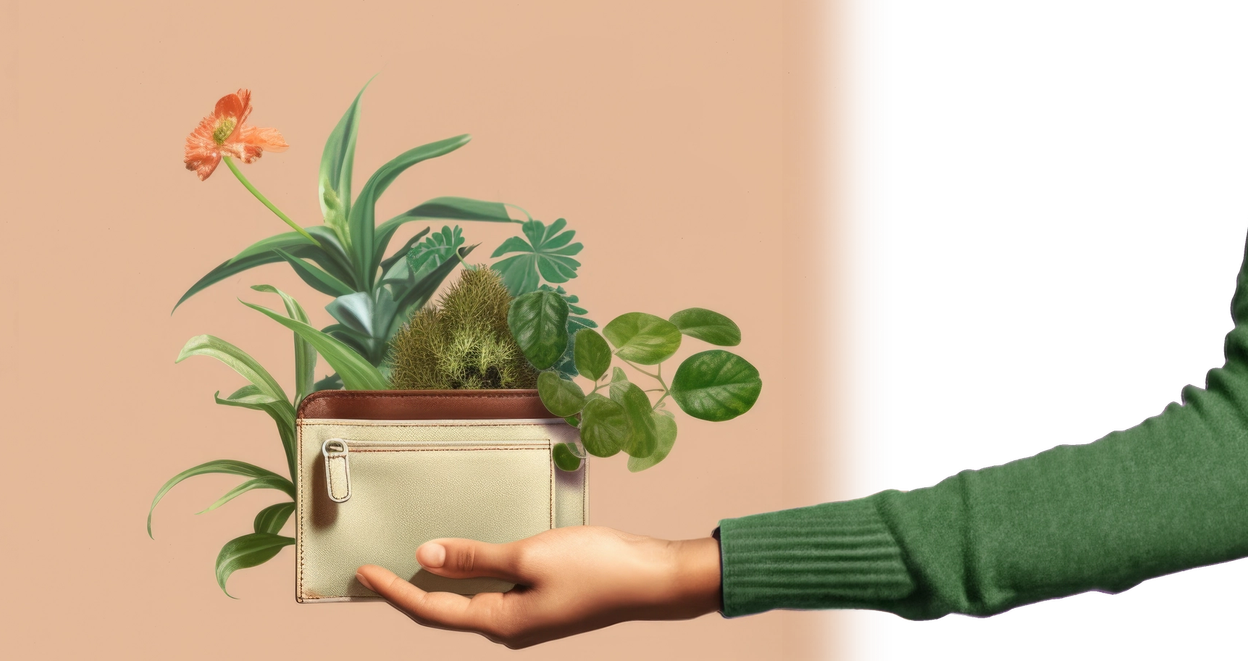 A hand holding a wallet, with sprouting plants coming out of it.