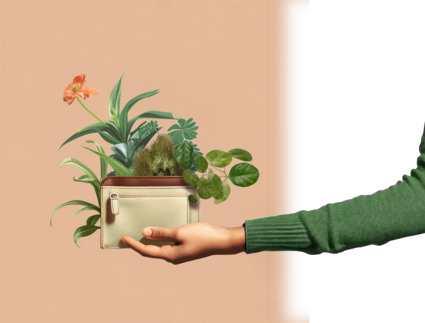 A hand holding a wallet, with sprouting plants coming out of it.