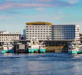 Several boats docked at a harbor in Trondheim, with a modern building in the background. The boats, identified by their distinct colors and markings, are part of the local transportation network, likely used for ferry services. The photo has a slight blur effect on the background, focusing on the boats in the foreground.