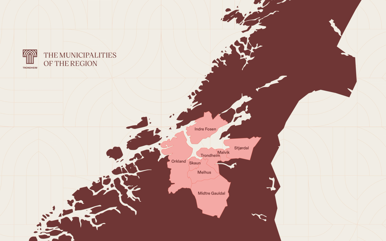 A stylized map highlighting the municipalities of the Trondheim region in Norway. The highlighted municipalities, including Trondheim, Malvik, Melhus, Skaun, Orkland, Midtre Gauldal, Indre Fosen, and Stjørdal, are shaded in pink against a dark brown background. The map features a minimalist design with clean lines and a subtle pattern overlay. The title "The Municipalities of the Region" appears in the top left corner along with a logo.