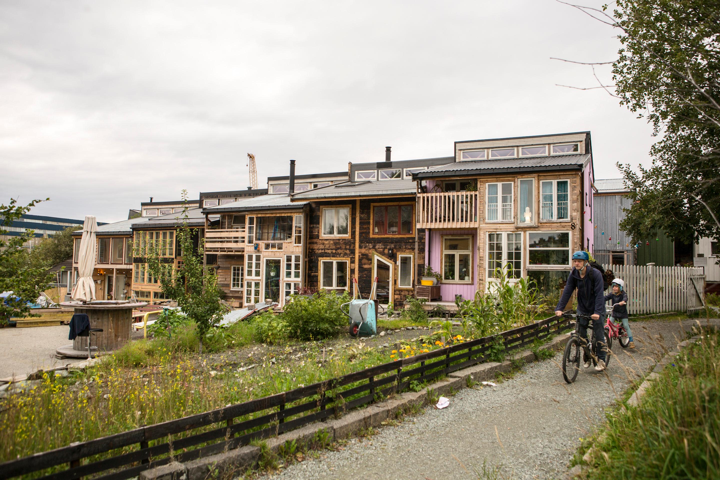 A row of colorful, eco-friendly houses in Svartlamon, Trondheim, built with repurposed materials and featuring large windows and wooden balconies. A gravel path runs alongside a small fenced-off green area with wild plants. A person wearing a blue jacket and helmet rides a bicycle with a child following behind, adding to the vibrant, community-focused atmosphere.