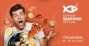 Poster with dates and man looking enthusiastic about seafood flying around him