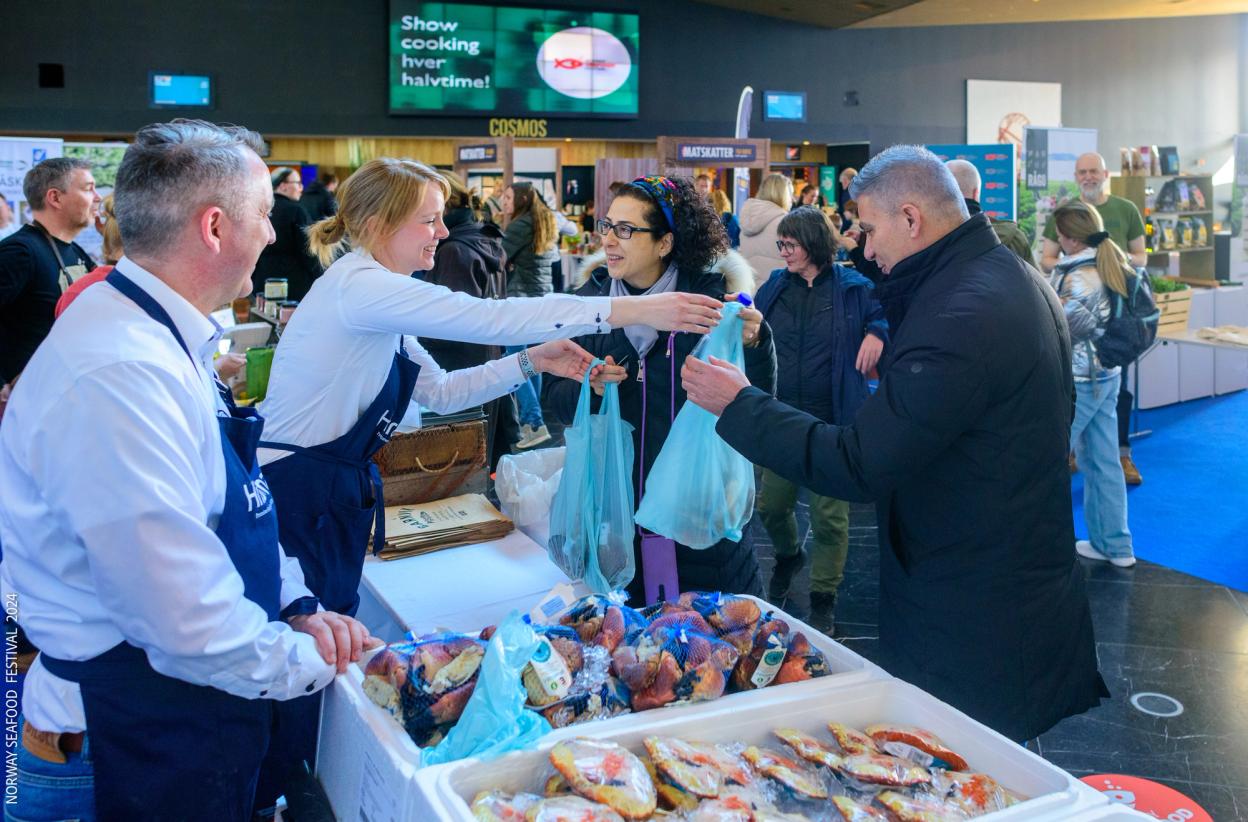 A person wearing a shiny blue shirt holds an assortment of gourmet street food. In one hand, two crispy salmon tacos with fresh greens are wrapped in branded parchment paper. In the other hand, two fluffy bao buns filled with crispy meat, drizzled with sauces and topped with shredded vegetables. The dish is served at a Chef’s Dinner at Tollbua, showcasing modern cuisine with local ingredients.